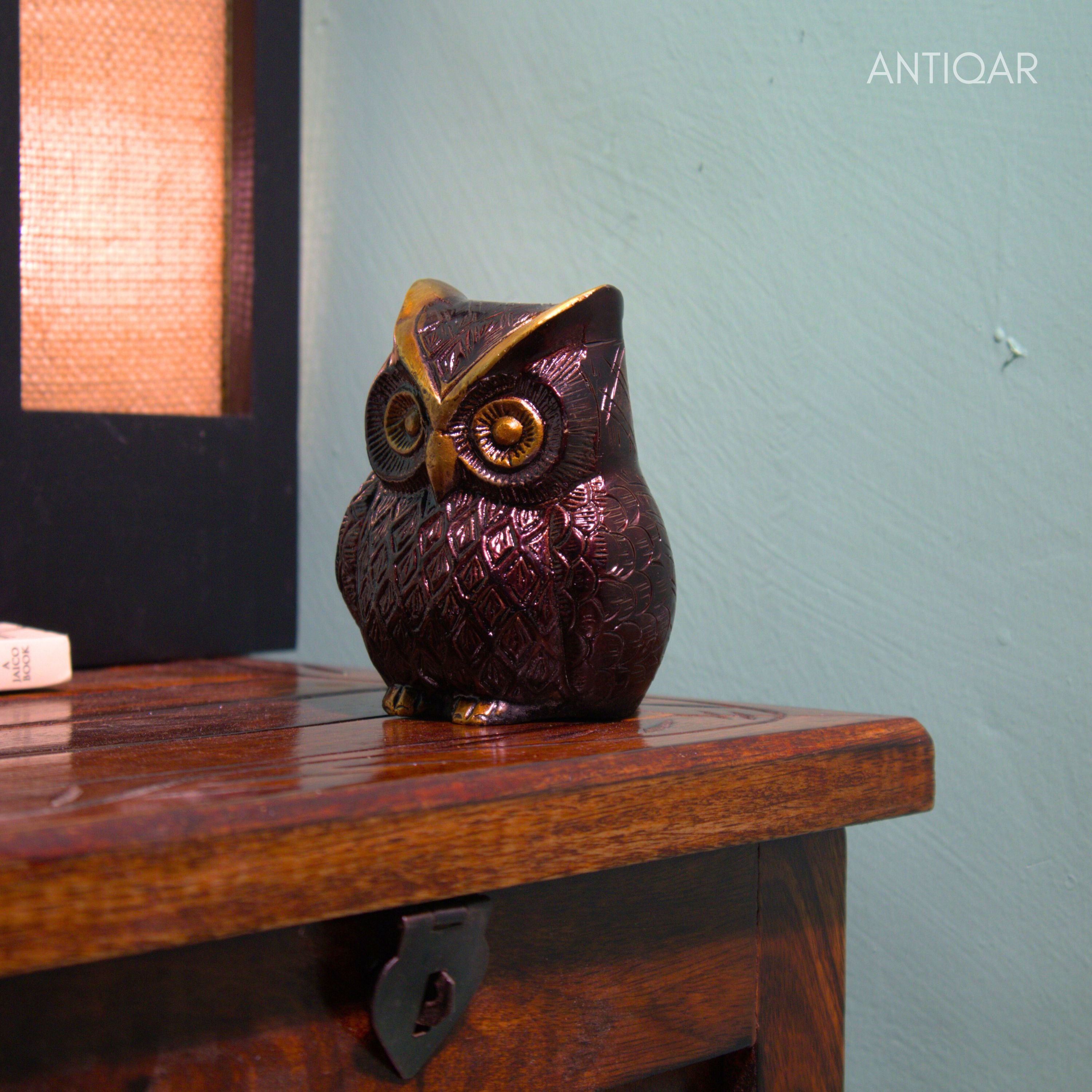 Brass Owl Figurine – 7 cm | Brown Antique Finish | Handcrafted Showpiece for Home, Temple & Table Decor