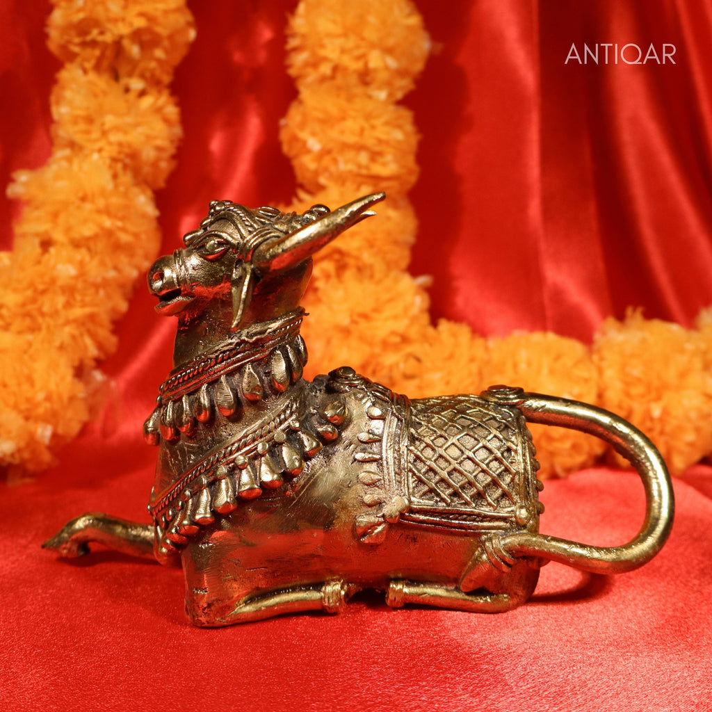Dhokra Art Brass Nandi – 12 cm | Sitting Position in Antique Finish | Tribal Handcrafted Showpiece for Temple, Home & Table Decor