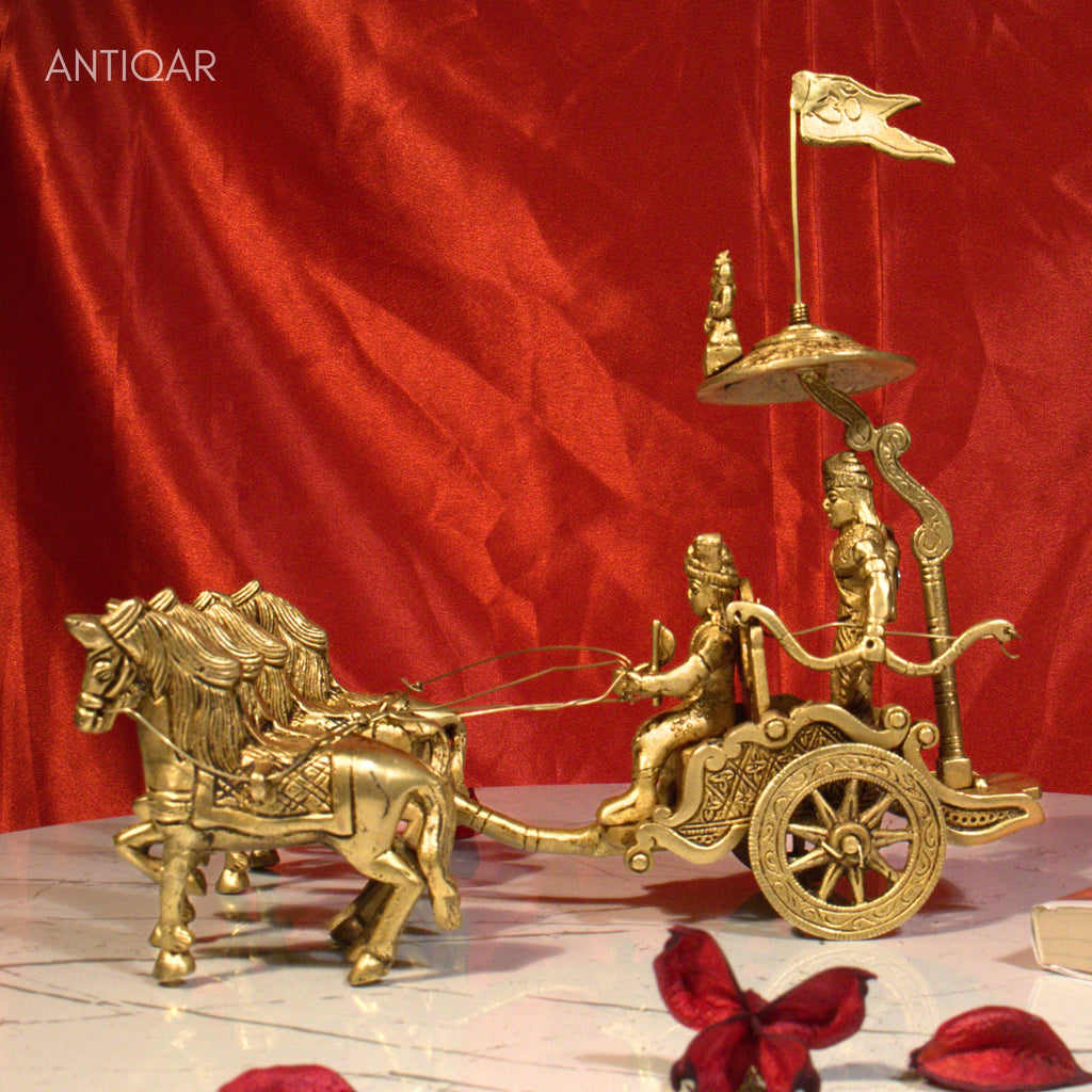 Brass Arjun Rath Showpiece – 24 cm | Antique Golden Finish | Handcrafted Spiritual Decor for Temple, Home & Table
