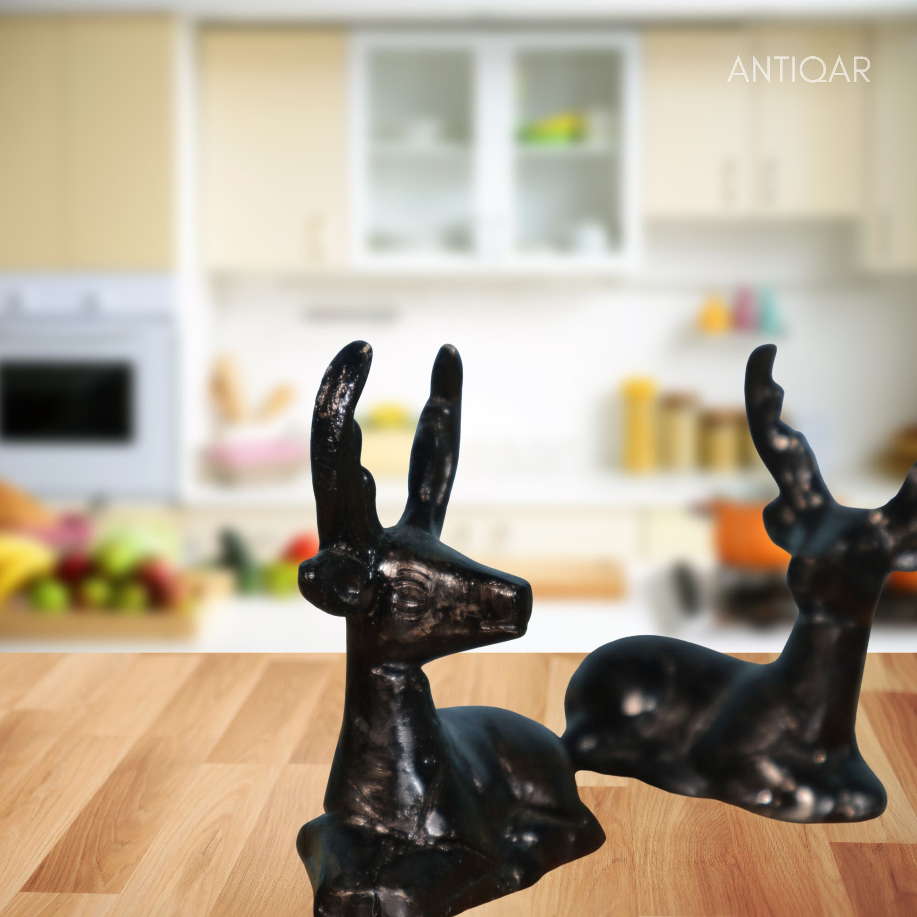 Brass Black Deer Pair Showpiece – 6 cm | Handcrafted Decorative Figurines for Temple, Home & Car Dashboard