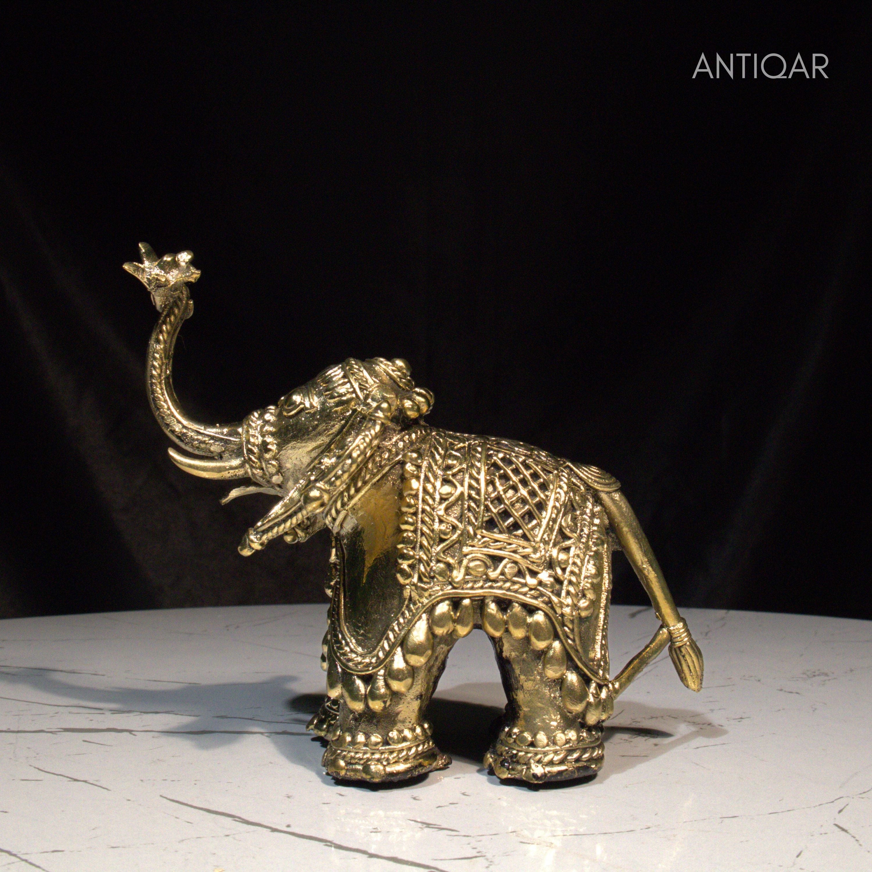 Dhokra Art Brass Laxmi Elephant – 12.5 cm | Antique Finish Tribal Handcrafted Showpiece for Temple, Home & Table Decor