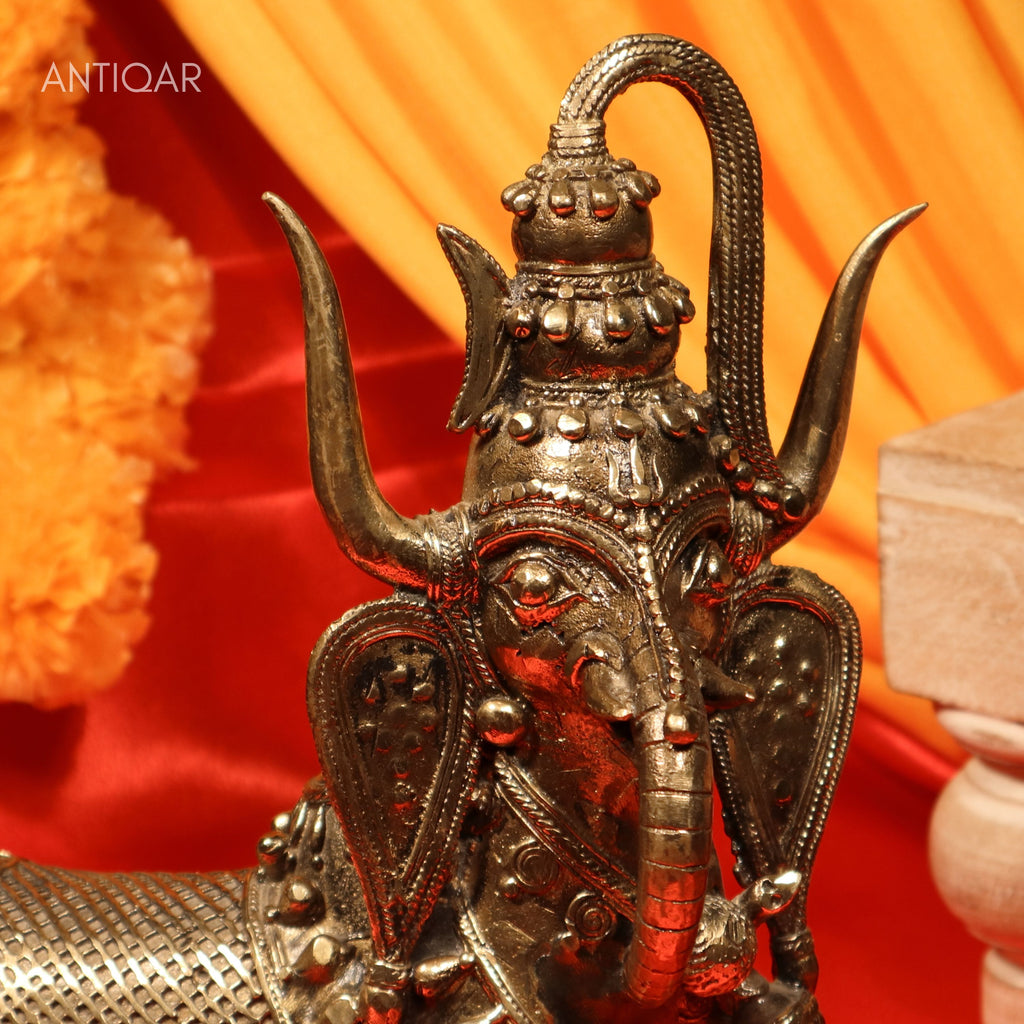 "Dhokra Art Brass Nandi – 32 cm | Standing Pose with Ganesha Face & Trishul on Head | Antique Finish Tribal Handcrafted Showpiece for Temple, Home & Table Decor  "