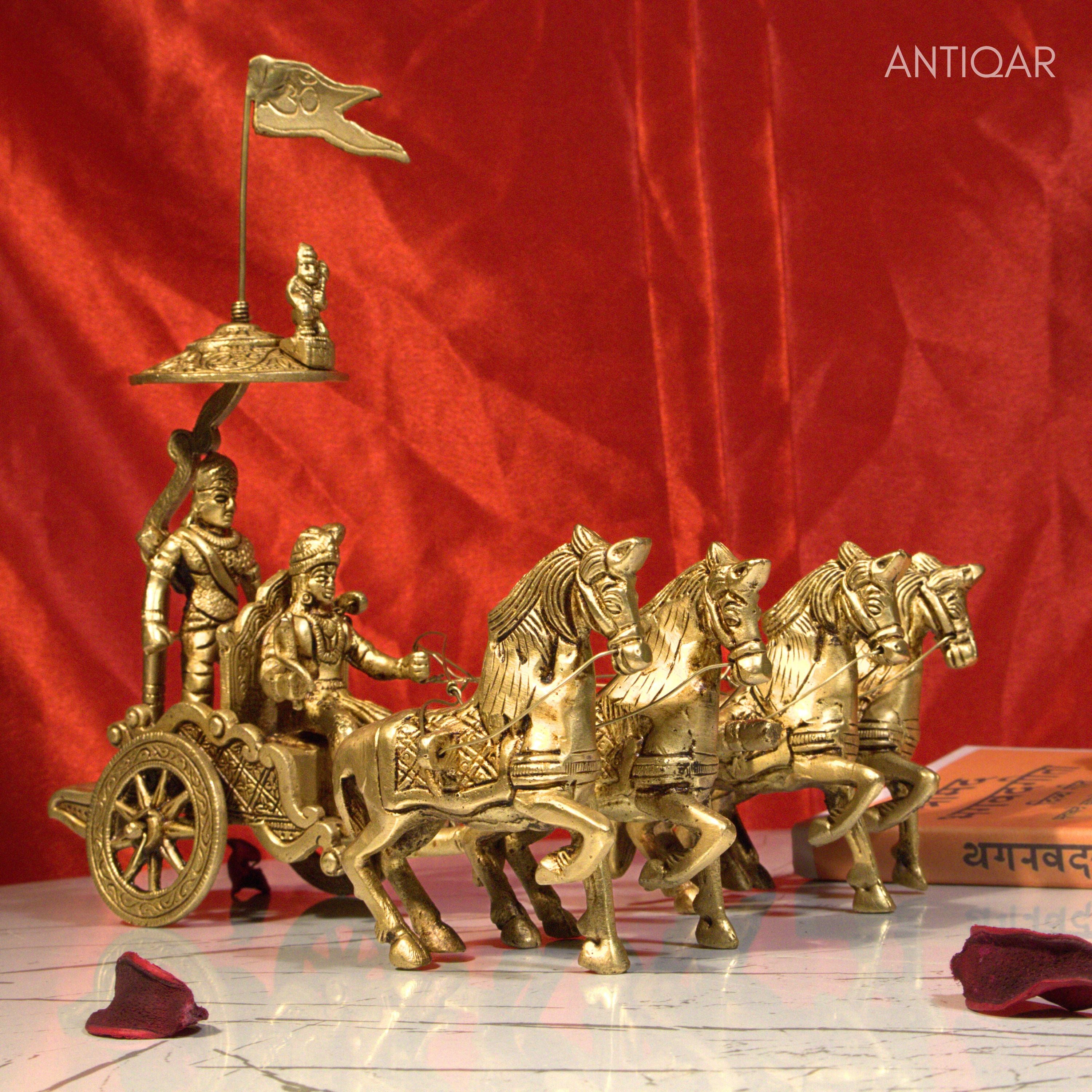 Brass Arjun Rath Showpiece – 24 cm | Antique Golden Finish | Handcrafted Spiritual Decor for Temple, Home & Table