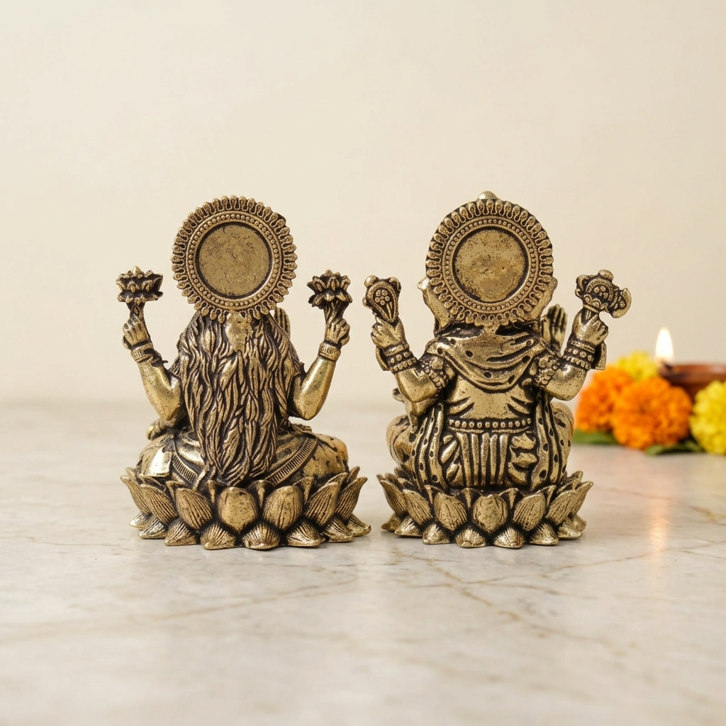 Brass Ganesh Laxmi pair Idol - 6.5cm| Sitting on Lotus | Antique Finish | Spiritual Decor for Temple, Home & Car Dashboard