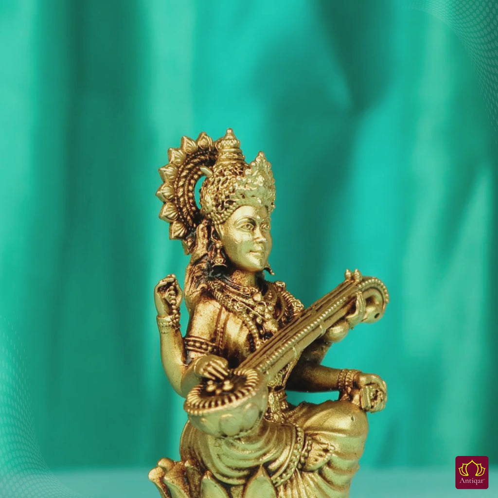 Brass Saraswati Ji Idol - 7.5cm | Antique Golden Finish | Spiritual Idol for Temple & Home Decor
